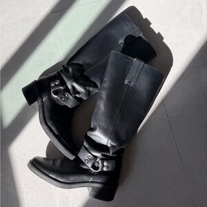 MANGO Matte Black Leather Knee-High Boots